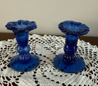 A Vintage Cobalt Blue Handblown Glass Candle Holders 3 1/2 " Tall