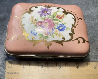 Antique Vintage Amgoes Jewelry Box French Hand Painted Porcelain Box Pink Flora