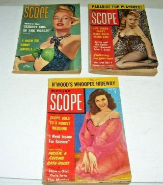 3 Picture Scope Magazines 1955 - 1956 Cheesecake,  Pin Ups,  Marilyn Monroe