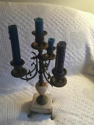 Antique Rare Brass 3 Arm - 4 Cup Ornate Candelabra - Onyx Marble