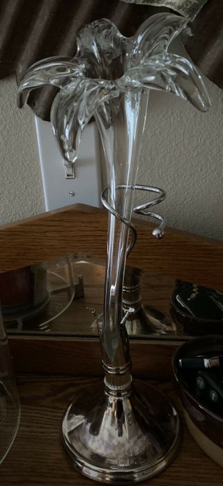 Art Glass Hand Blown Bud Vase Hibiscus Lily Flower Shape Silver Metal Base Stand