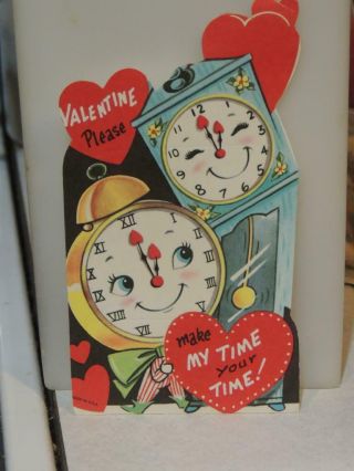 Vintage Valentine Card Grandfather Alarm Clock Anthropomorphic Unsigned Excellen