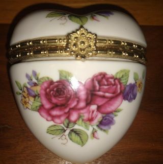 Vintage Trinket Box Porcelain Roses Floral Gold Embellished Hinge Clasp Heart