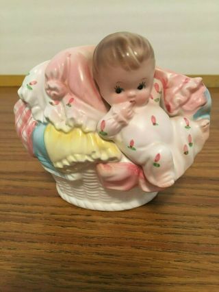 Vintage Napco Nursery Ceramic Planter Baby In A Basket A - 5575