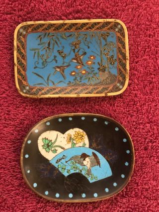 Two Charming Japanese Cloisonne Pin Trays With Bird And Flower Decoration