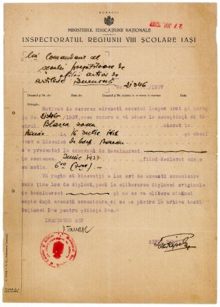 Romania,  1937,  Vintage Baccalaureate Certificate / Diploma - Iasi