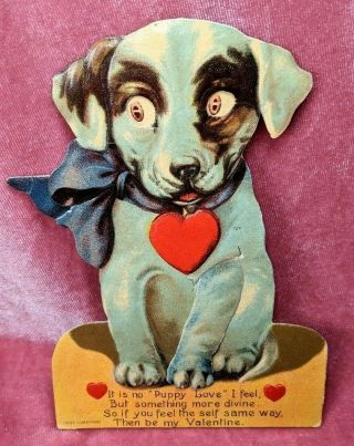 Adorable Mechanical Dog Puppy Love Early 1900s Vintage Valentine Card Germany