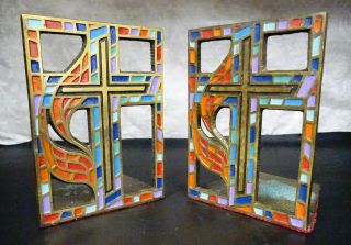 Vintage Terra Sancta Guild 1969 Cross Art Deco Enamel Bronze Religious Bookends
