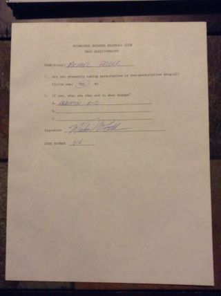 Michael Felder Signed Milwaukee Brewers Drug Questionaire Auto Document