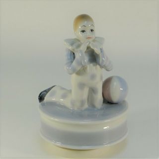 Vintage Sankyo Music Box Porcelain Boy Clown Plays Lime Light 6.  5 " Tall
