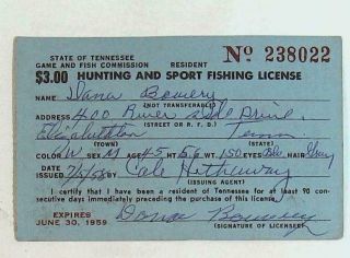1958 - 59 Tennessee Tn Game Fish Commission Hunting License Trout Stamp Twra A