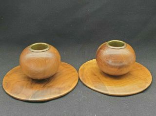 Set Of 2 - Vintage Mid Century Modern Wooden Orb Ball Candle Stick Holders