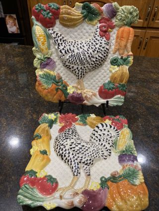 2 Fitz & Floyd Gardening Gourmet Black & White Rooster & Hen Chicken Wall Plates