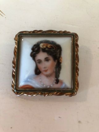 Vintage Limoges France Hand Painted Lady Portrait Porcelain Pin / Broach; Excell