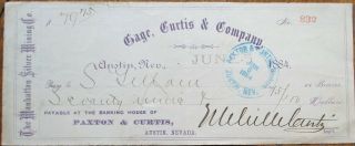 Austin,  Nv 1884 Bank Check: Manhattan Silver Mining Company - Nevada Nev