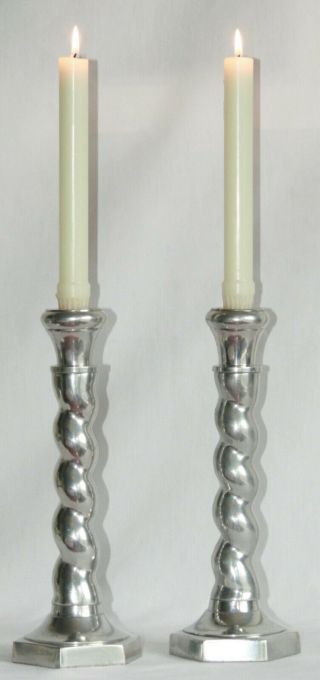 Polished Pewter Twist Candlesticks Candle Holders Set Of Two 10.  5 " Made In India