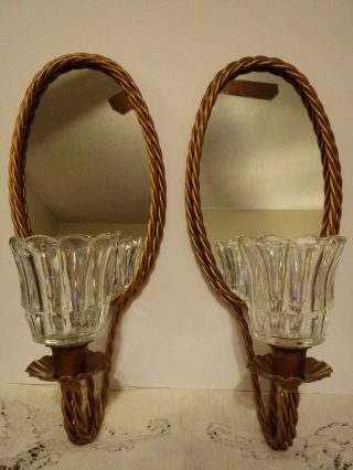 Vtg Home Interior Gold Metal Twisted Rope Mirror Wall Sconce W/votive Cup Holder