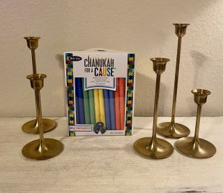 Vintage 5 - Piece Set Of Brass Candle Holders W/ Box Size 4 " 5 " 6 " 7 " 8 "