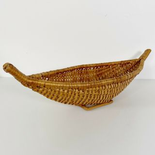 Vintage Boat Shape Wicker Basket Woven Wrapped Edges Canoe Knitting 18 "