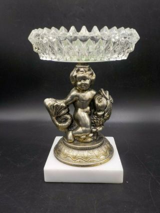 Vtg Hollywood Regency Cherub Riding A Fish Pedestal Candle Stand Marble Base