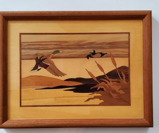 Hudson River Inlay Wood Marquetry Ducks In Flight Jeff Nelson 9 3/4 " X12 3/4 "
