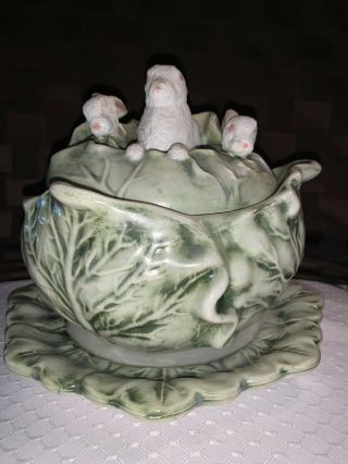 Vintage Holland Mold Cabbage Lettuce Serving Dish W/ Under Plate & Lid W/bunnies