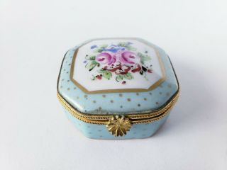 Limoges France Square Hinged Trinket Box Hand Painted Teal & Gold Floral Dots