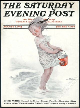Saturday Evening Post Framing Cover August 1 1914 Happy Little Girl At Beach