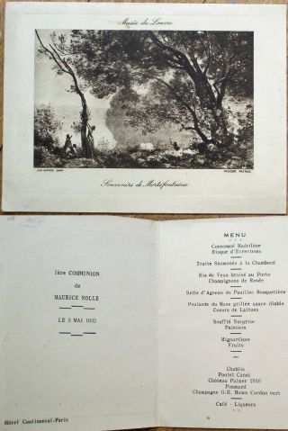 Menu: 1932 French First Communion,  Hotel Continental - Paris,  France W/art Cover