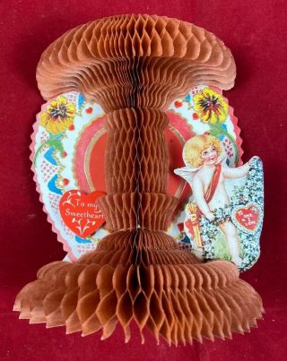 Vintage Beistle Valentines Day Card Honeycomb Cupid Heart Sweetheart Stand Up