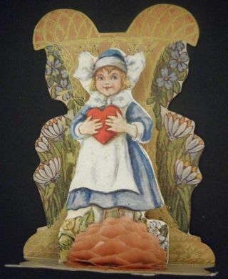 Vintage Valentine Card Pop Up Die Cut Honeycomb Dutch Girl Valentine Thoughts
