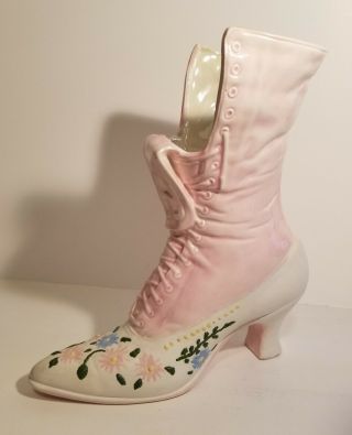 Pink Floral Design Ceramic Victorian 10 " Boot With Opalescent Accent Figurine