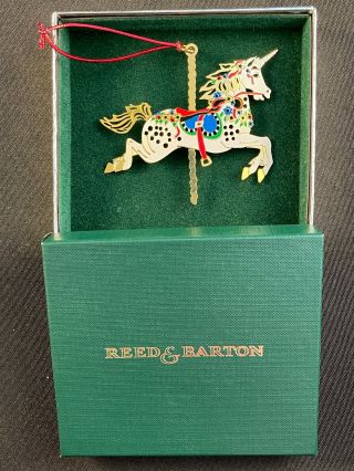 Reed & Barton Enamel Brass Carousel Unicorn Horse Christmas Ornament W Box