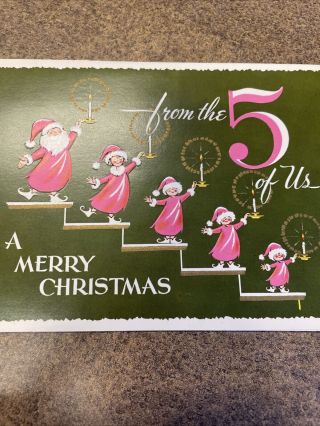 Vintage Christmas Card Mcm Santa From The Five Of Us 5 Pink Green Family