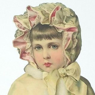 Huge Victorian Die Cut Little Girl Big Eyes Winter Coat Muff Bonnet