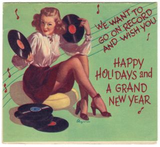 Vintage Xmas/new Year Greeting Card W/ Elvgren " Good Girl " Playing 78rpm Records