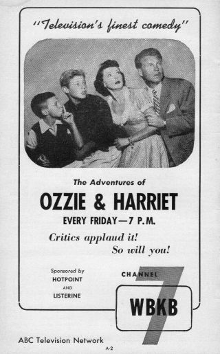 1953 Wbkb Chicago Tv Guide Ad Adventures Of Ozzie & Harriet Rick Nelson