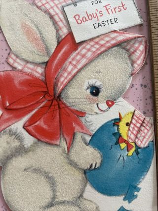 Vintage Easter Card Mcm Bunny Rabbit Diecut Flocked Hallmark Baby’s First