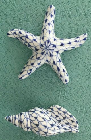 2 Piece Porcelain Set Andrea By Sadek Starfish & Conch Blue White Herend