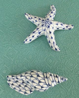 2 Piece Porcelain Set ANDREA by SADEK Starfish & Conch Blue White Herend 2