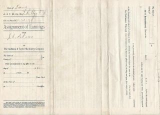 U.  S.  Aultman & Taylor Machinery Co.  Ohio 1900 Assignment Earnings Paper Rf42836
