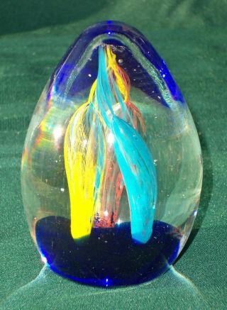 Blown Art Glass Paperweight Multi - Color Bubble Columns Cobalt Blue Egg Shape