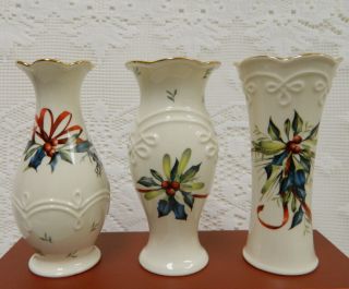 Lenox Set Of 3 Winter Greetings Bud Vases W/ Box Christmas Catherine Mcclung