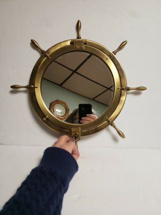 Brass Ships Wheel Mirror Hangs Up Port Hole Nautical Decor Round Mirror Read