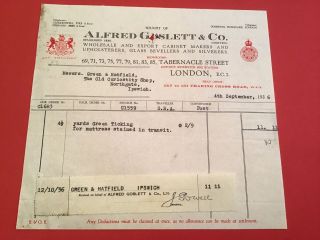 Alfred Goslett Co 1936 Cabinet Makers Upholsterers Glass Silver Receipt R34397