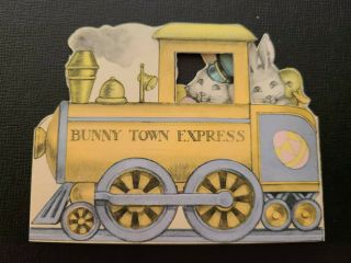 Vtg Rust Craft Easter Greeting Card Bunny Ducks Lamb Train Foldout 1930 - 40s
