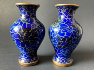 2 Pc Set Jingfa Fine Cloisonne Vases Blue Background Chrysanthemums Docor/ Label