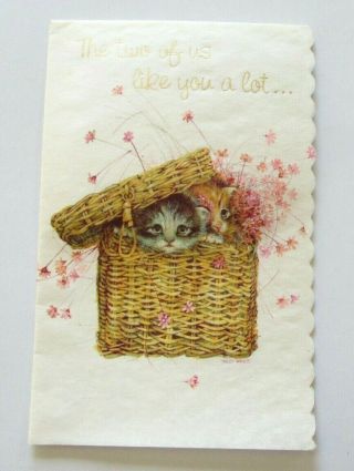 Vtg Greeting Card Holly Hobbie Kittens In Basket With Pink Flowers Valentine