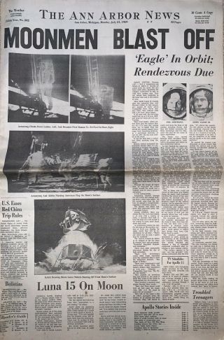 The Ann Arbor News Mon July 21 1969 Apollo 11 Moonmen Blast Off Apollo