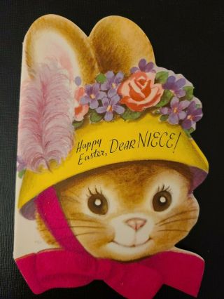Vtg Rust Craft Easter Greeting Card Diecut Bunny Rabbit Neice Pink Flock 1950s